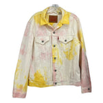 Tie-dye denim jacket with button front, yellow and pink wash, two chest pockets