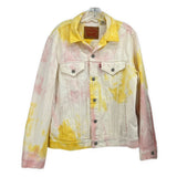 Tie-dye denim jacket with button front, yellow and pink wash, two chest pockets