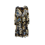 Navy print dress with round neckline and 3/4 sleeves, gathered tiered skirt
