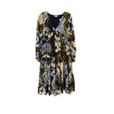 Navy print dress with V-neck and 3/4 sleeves, tiered ruffle skirt