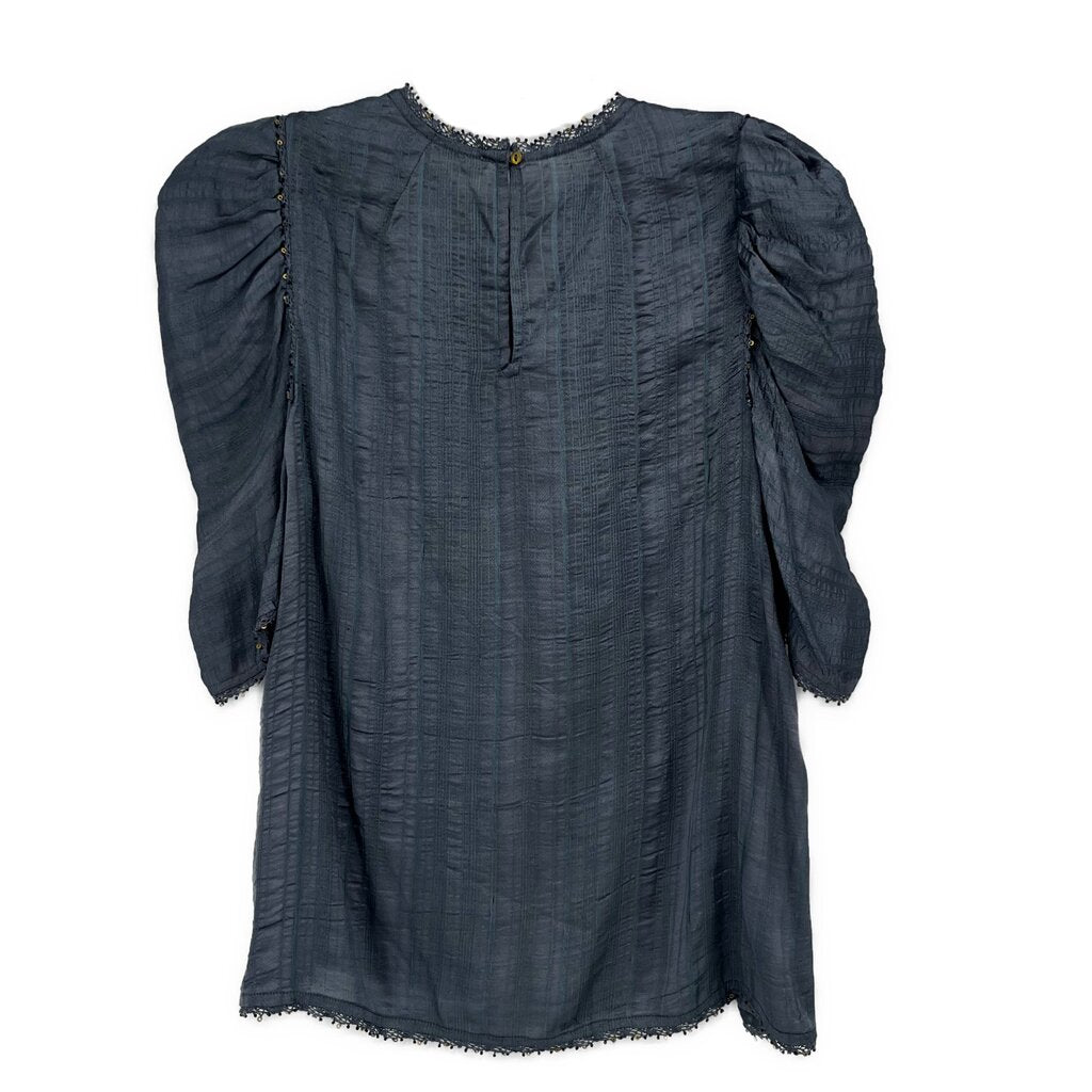 Blue short-sleeve blouse with pintuck placket and gathered puff sleeves