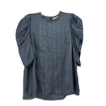 Blue short-sleeve blouse with gathered puff sleeves and round neckline