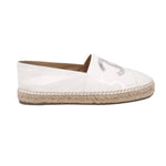 CHANEL white patent leather espadrille flats with silver CC emblem and braided jute midsole