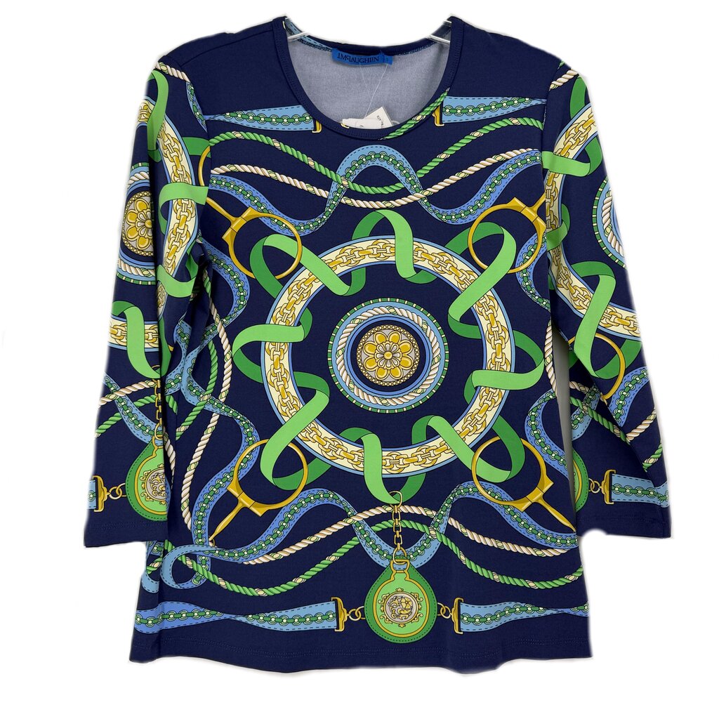 Navy long-sleeve crewneck print top with green, gold and blue nautical pattern
