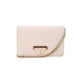 Cream Saffiano crossbody bag with gold chain and PRADA logo plaque