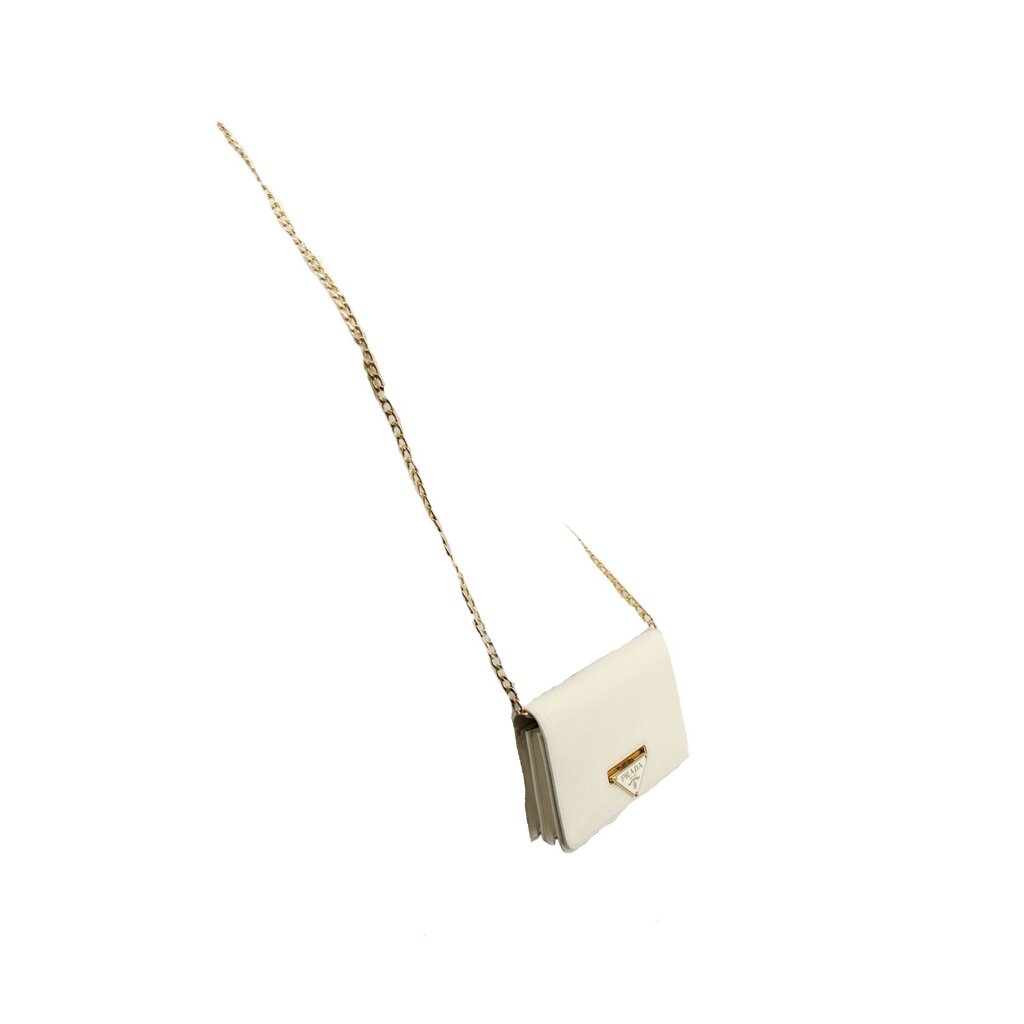 PRADA small saffiano crossbody bag in cream with gold chain strap and flap logo.
