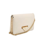 Cream Saffiano crossbody bag side view with gold chain and triangular logo