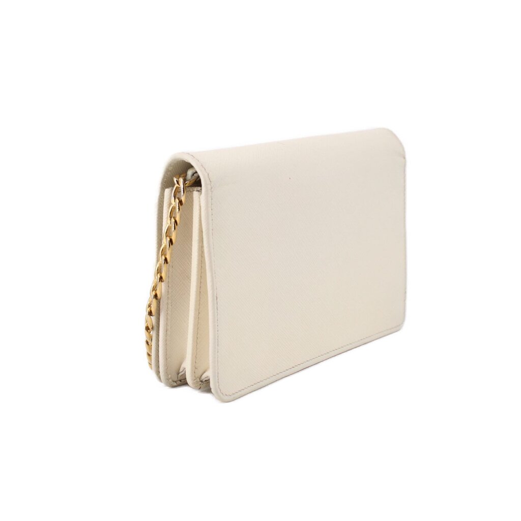 Cream Saffiano crossbody bag side profile with gold chain