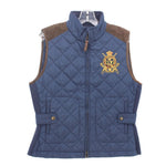 Navy quilted vest with full zip, stand collar, and gold crest graphic patch