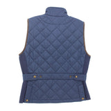Navy quilted vest with stand collar, full zip, and snap-belt waist tabs
