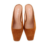 Pair of camel suede mules with pointed toe and cushioned insole