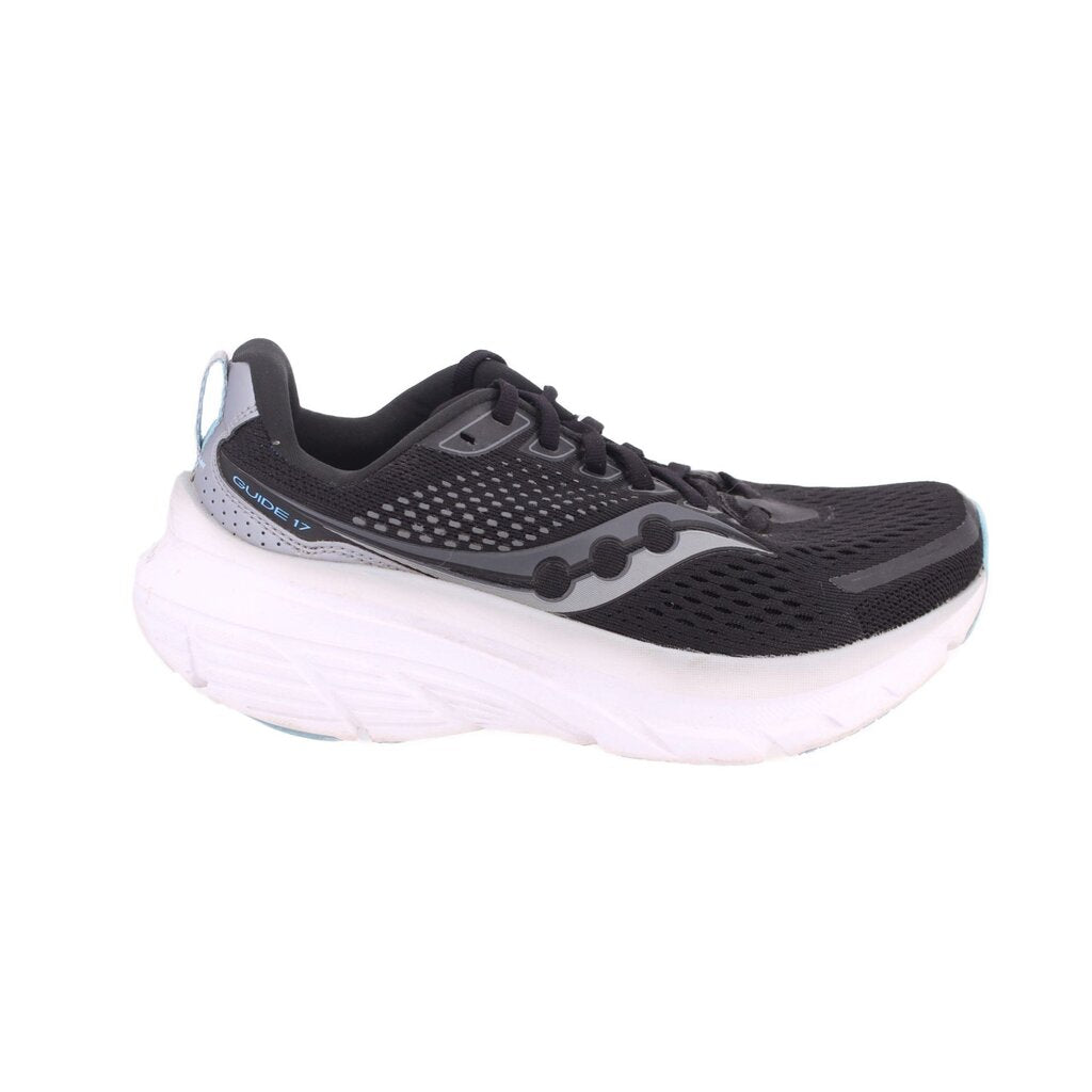 Black mesh lace-up sneakers, white midsole with blue outsole edge
