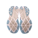 Shoe outsole view: light tread with blue rubber sections on black sneakers