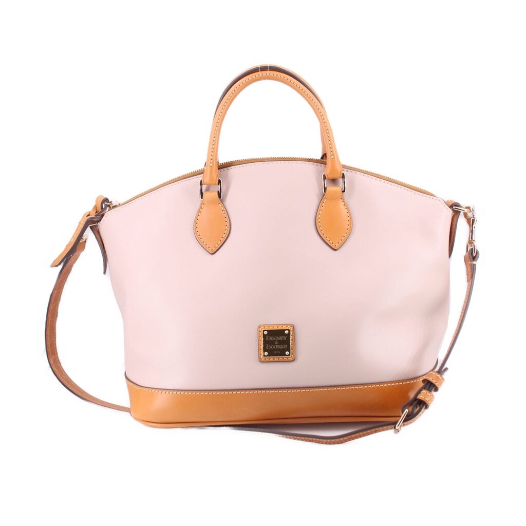 Carissa satchel in taupe with tan trim, top handles, crossbody strap, and front logo patch.