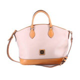 Carissa satchel in taupe with tan trim, top handles, crossbody strap, and front logo patch.