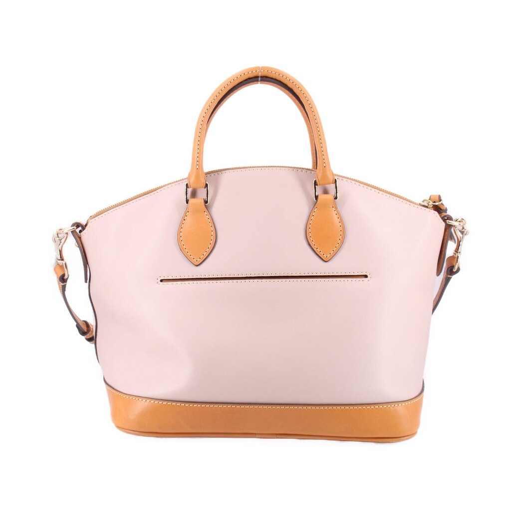 Taupe satchel with tan handles, front slit pocket, and crossbody strap with metal rings.