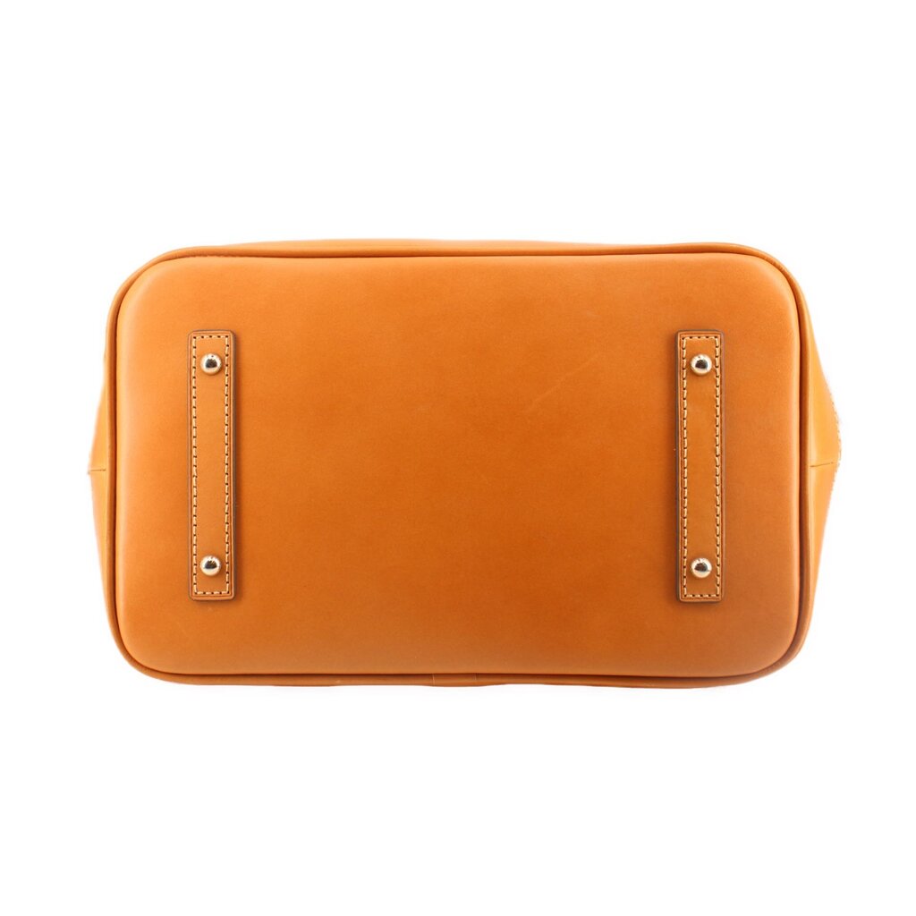 Back view of taupe Carissa satchel with tan leather trim and two hanging grommet tabs.