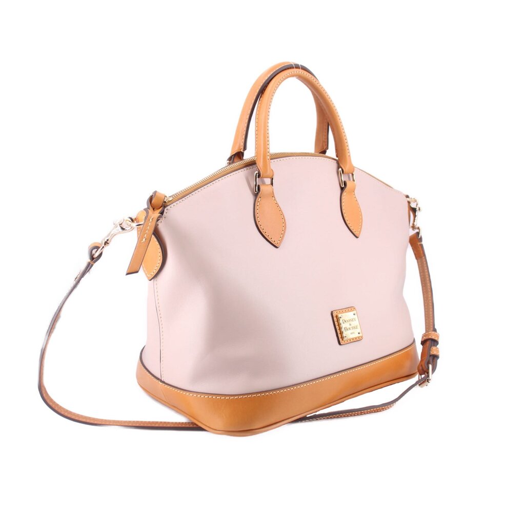 Taupe Carissa satchel with tan bottom trim, top handles, and adjustable crossbody strap.