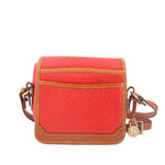 Red crossbody bag back view with tan-trim flap and adjustable shoulder strap
