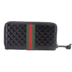 Black quilted wallet with green/red Web stripe, zip top and pull cord.
