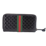Black quilted wallet with green/red Web stripe, zip top and pull cord.