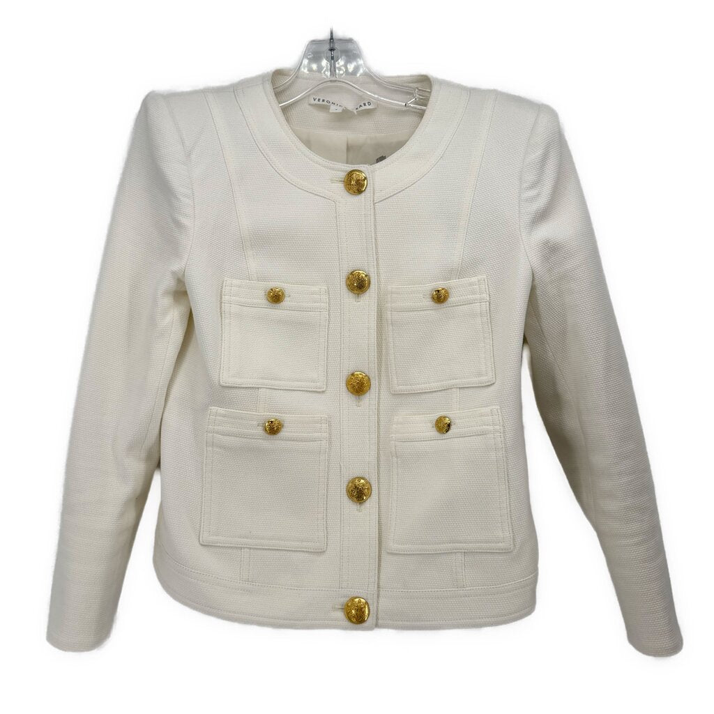 VERONICA BEARD textured white jacket, gold buttons, chest flap pockets