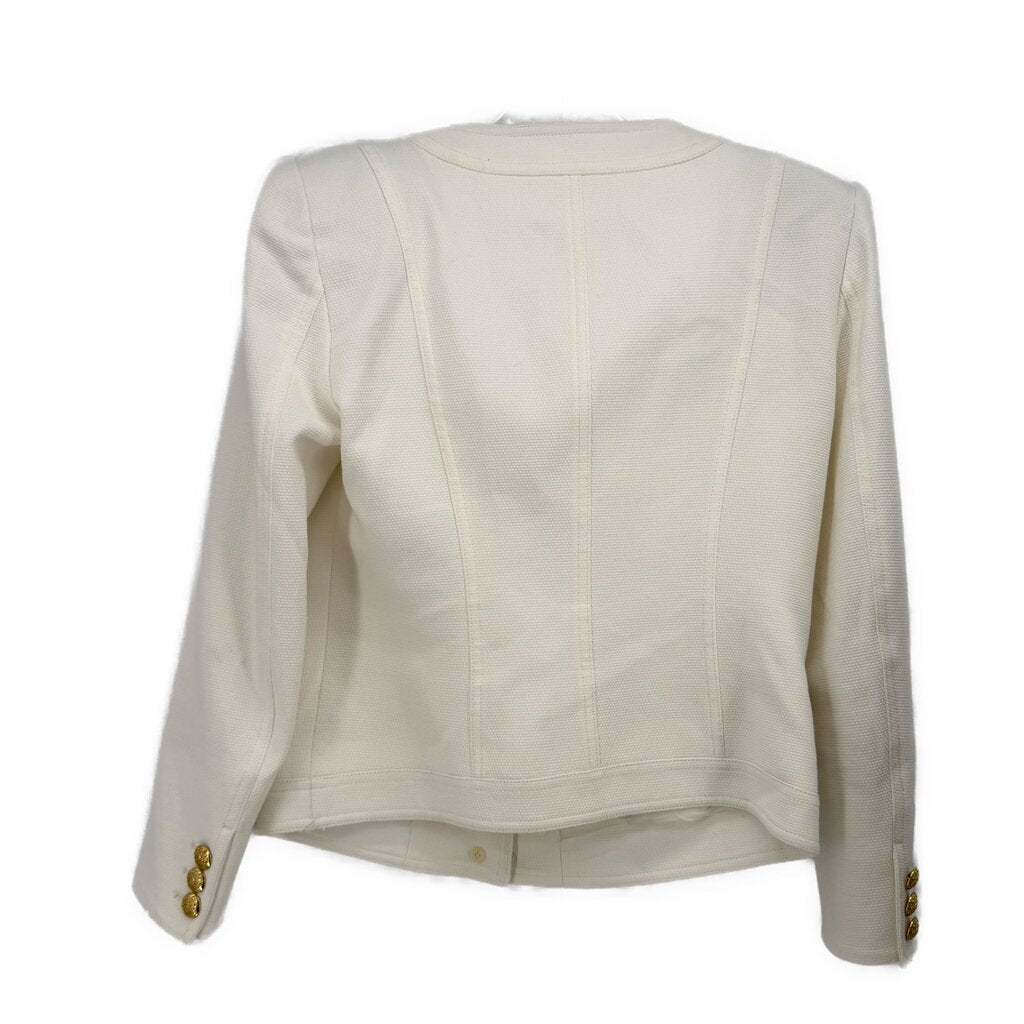 VERONICA BEARD textured white jacket back view, gold button cuffs