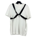 White short-sleeve tee with black wrap-front straps and V-shaped crossover detail