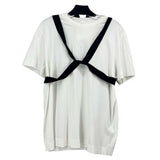 White crew-neck T-shirt with black wrap strap cross detail at chest