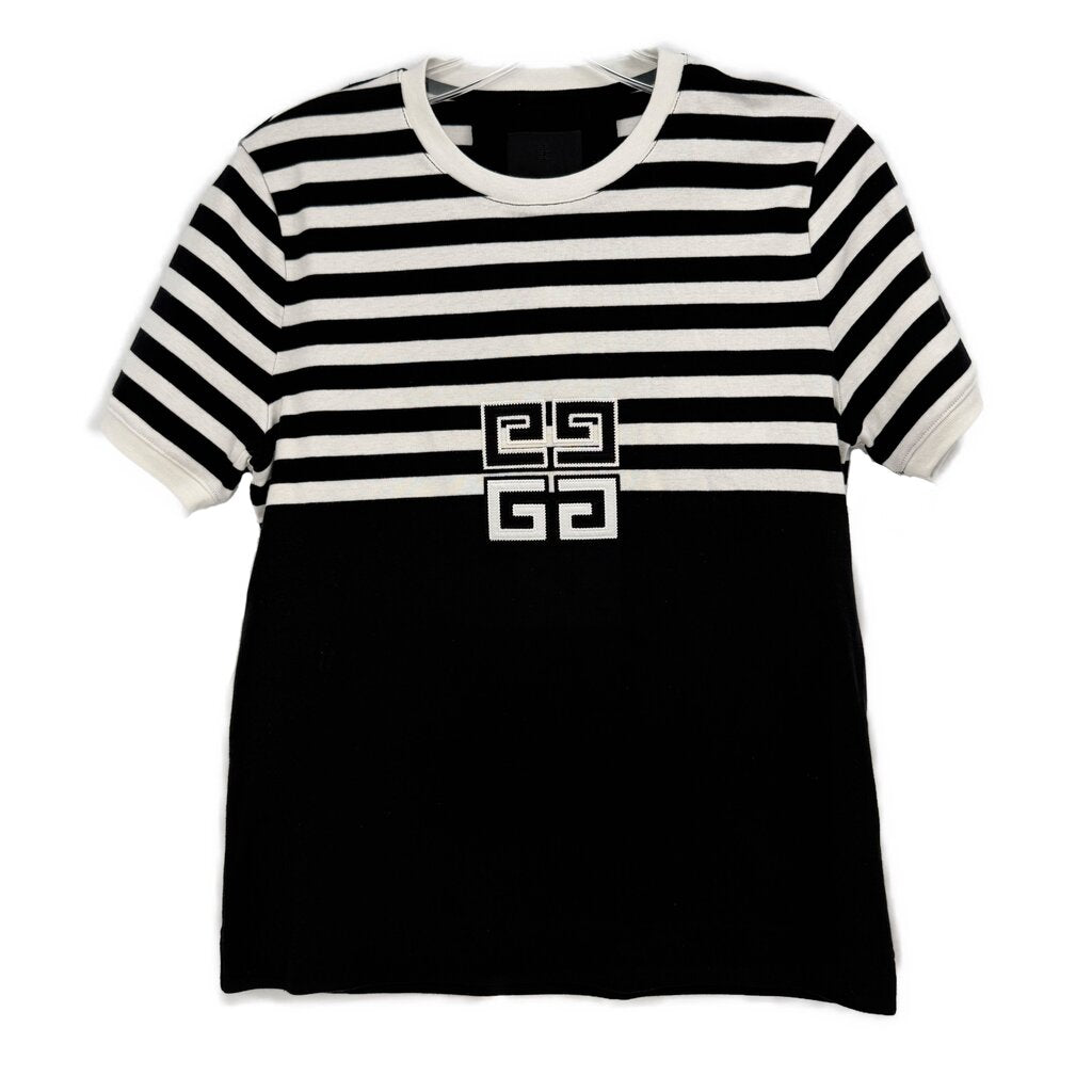 Givenchy striped top with black and white horizontal stripes, short sleeves, front logo