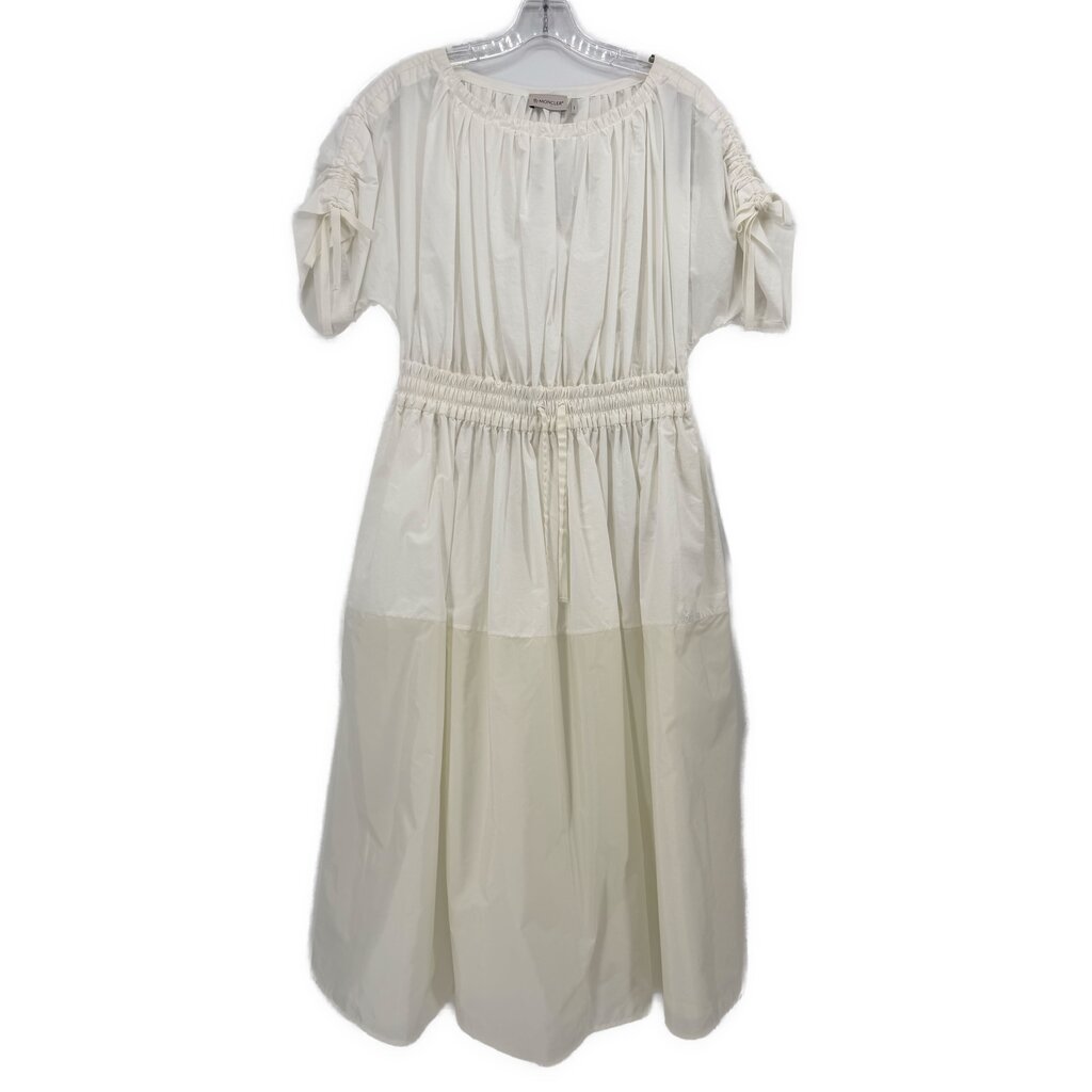 MONCLER white short-sleeve dress with gathered yoke and elastic waist, puff sleeves