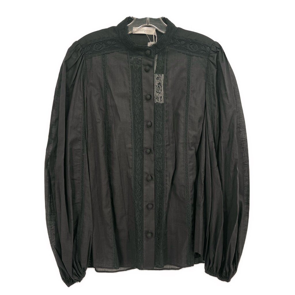 Zimmermann black long sleeve top with stand collar, button front, and textured panel