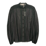 Zimmermann black long sleeve top with stand collar, button front, and textured panel