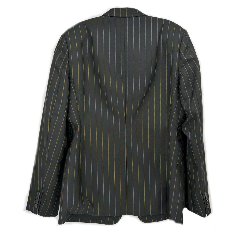 Pinstripe blazer back view in dark with vertical stripes and back vent