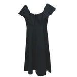 Black off-shoulder dress with gathered bodice and flowing A-line skirt