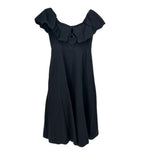 Black off-shoulder dress with ruffled neckline and short puff sleeves