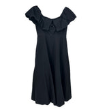 Black off-shoulder dress with ruffled neckline and short puff sleeves