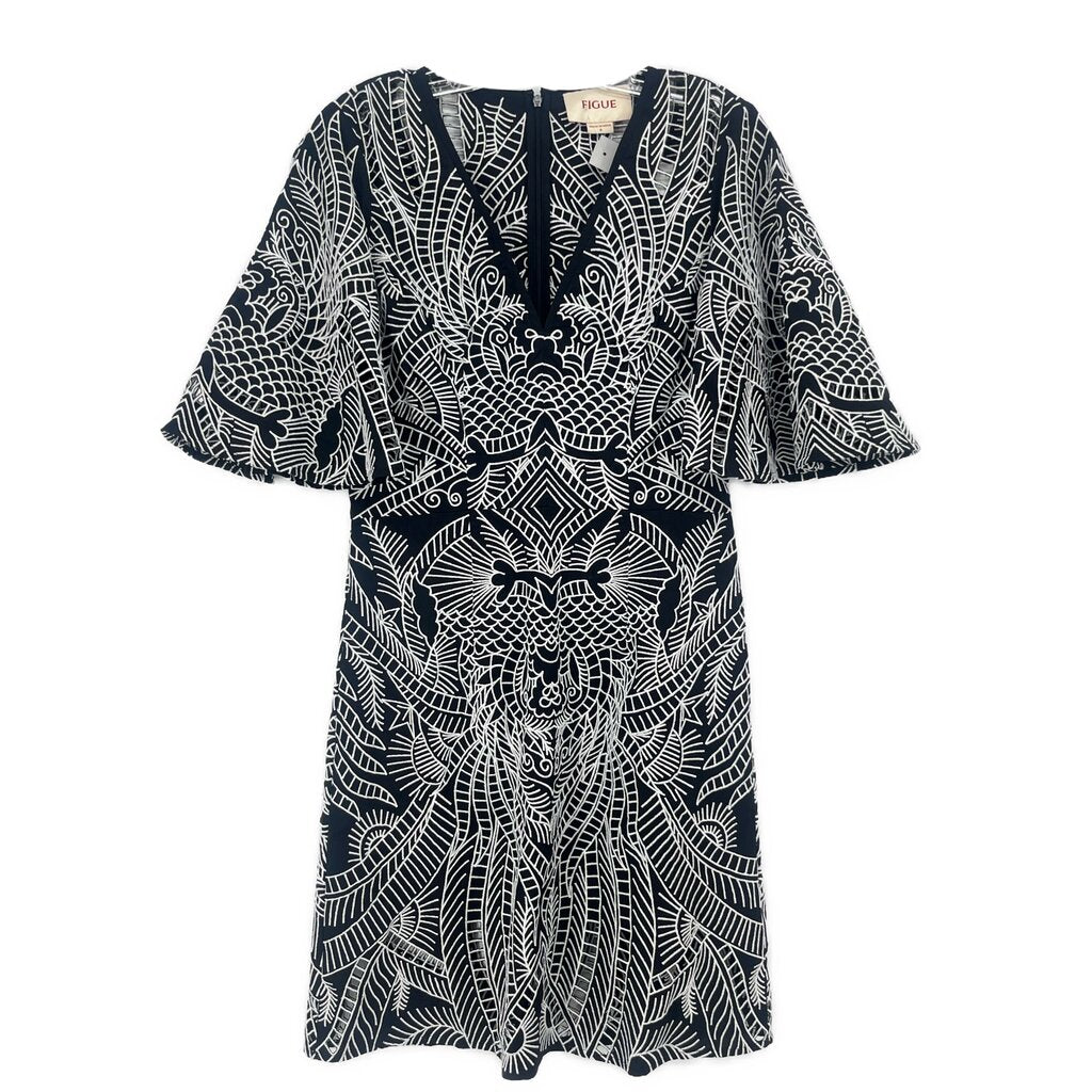 Black embroidered shift dress with white leaf pattern, short sleeves, crew neck