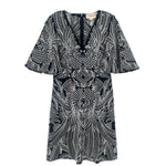 Black embroidered shift dress with white leaf pattern, short sleeves, crew neck