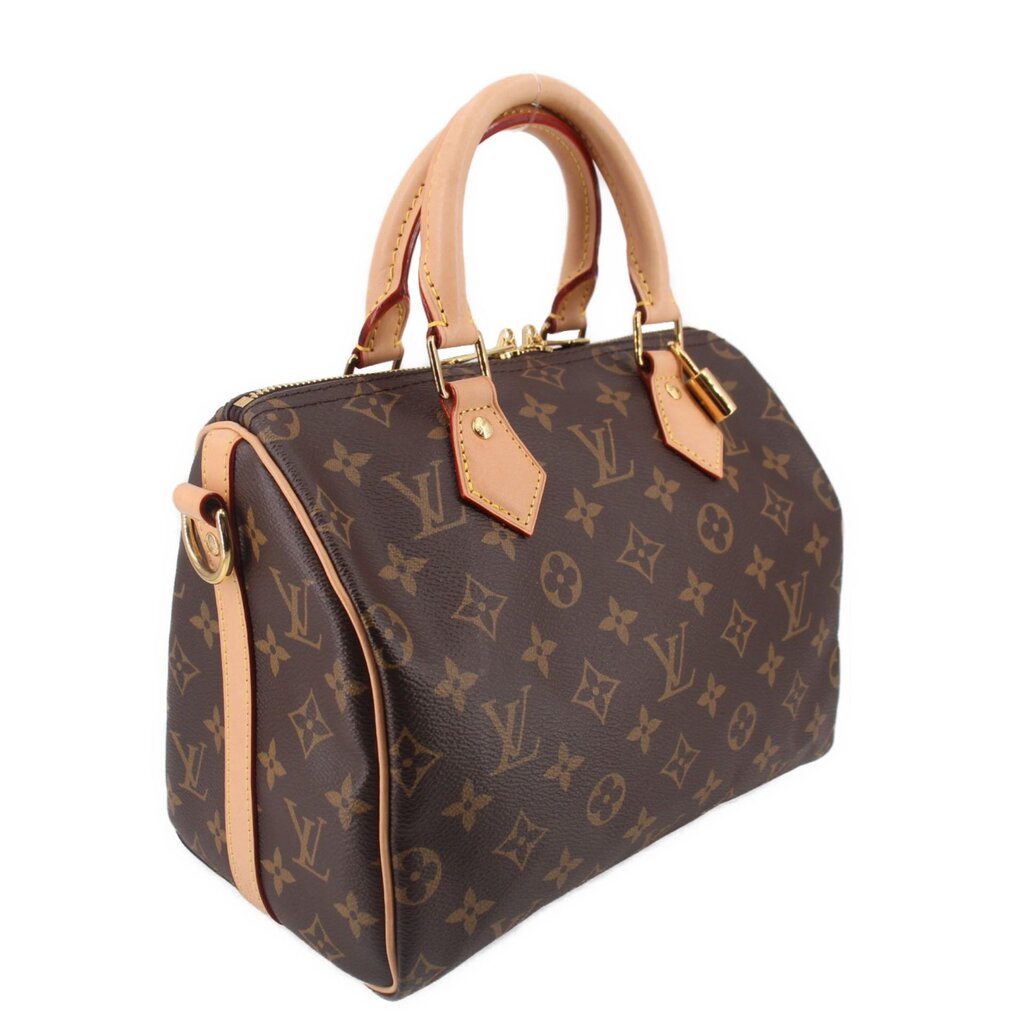Louis Vuitton monogram crossbody bag, side view with tan strap and top handles