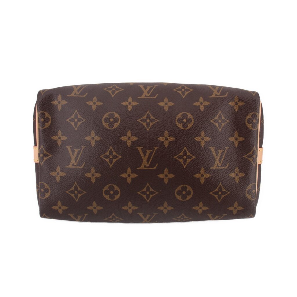 Louis Vuitton monogram bag, brown with repeating LV pattern and tan zipper trim