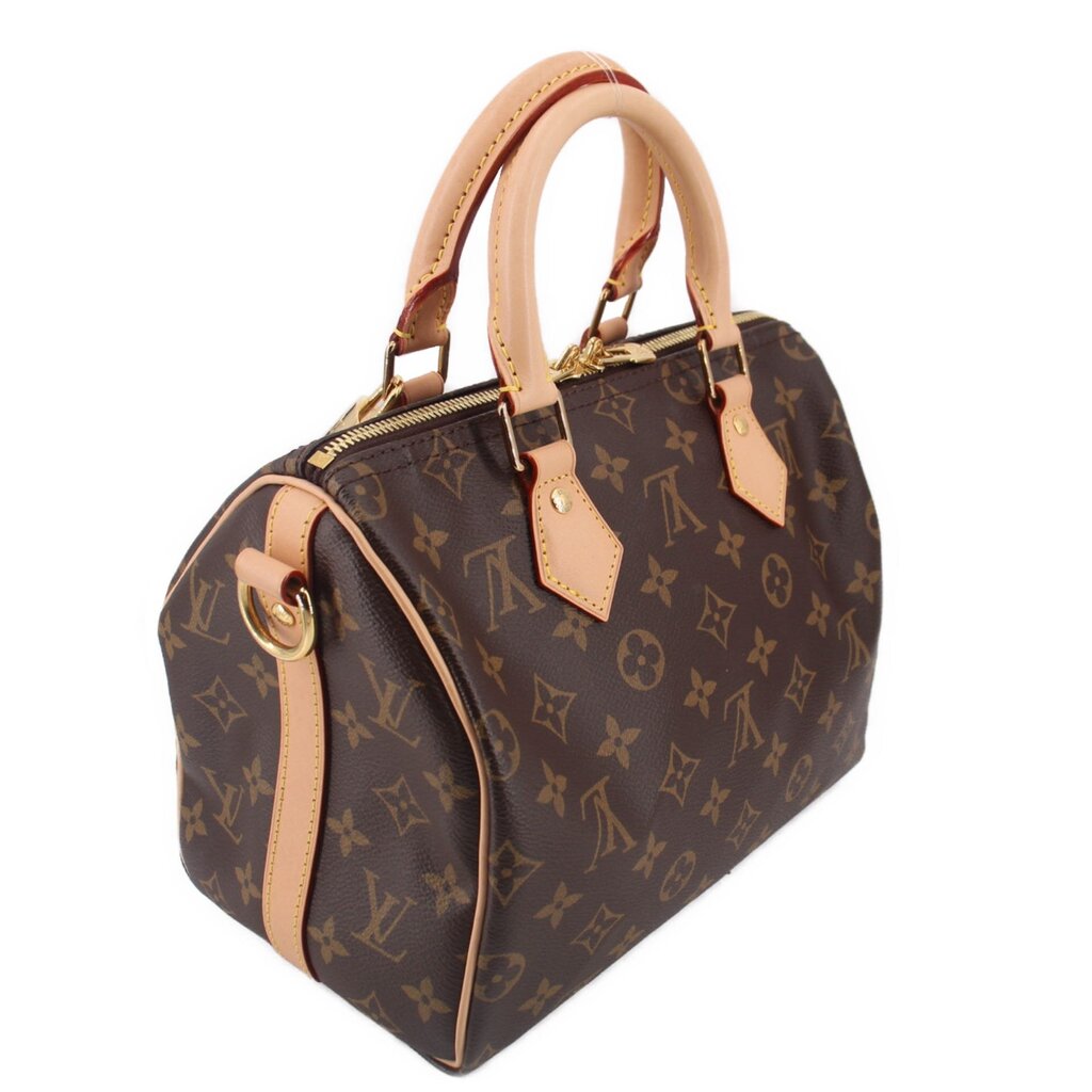 Louis Vuitton monogram crossbody bag, angled view with zipper top and tan trim