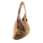 Raffia shoulder bag with side logo patch and open top