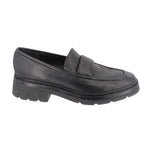 Black leather loafer from side angle with slip-on strap and thick tread sole