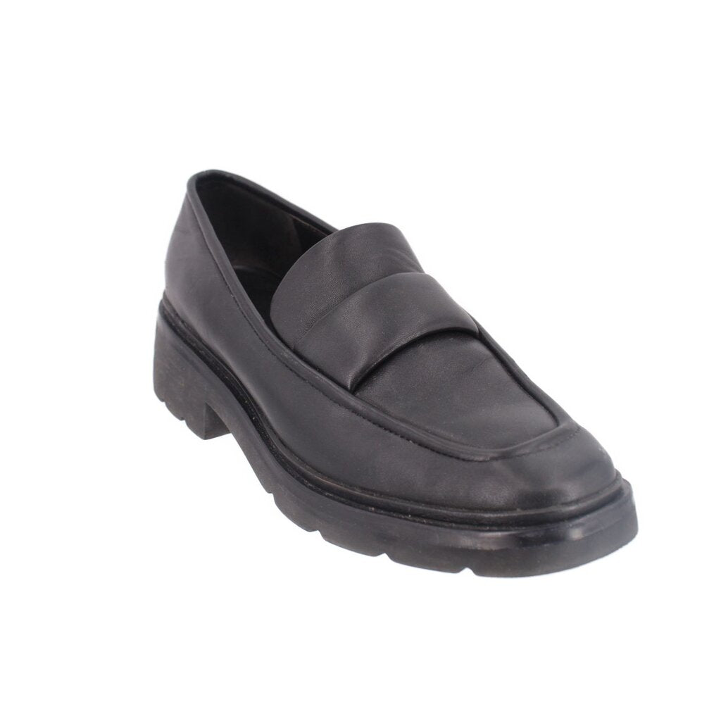 Black leather loafer with slip-on vamp and rounded toe; chunky rubber sole