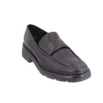 Black leather loafer with slip-on vamp and rounded toe; chunky rubber sole