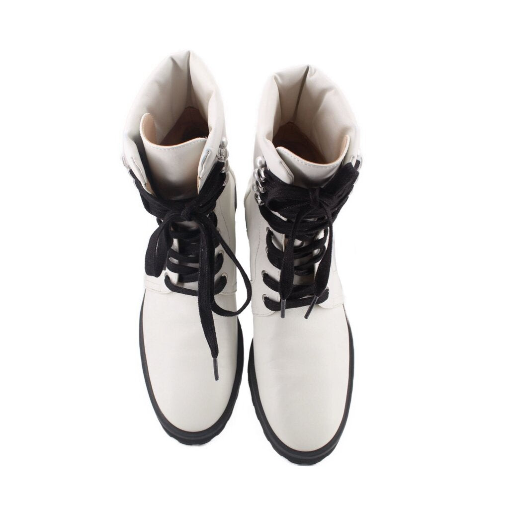 White lace-up ankle boots with black laces and heel loop detail