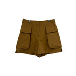 Camel cargo shorts with two side flap pockets and buttoned back pockets