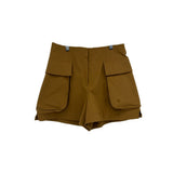 Camel cargo shorts with two side flap pockets and buttoned back pockets