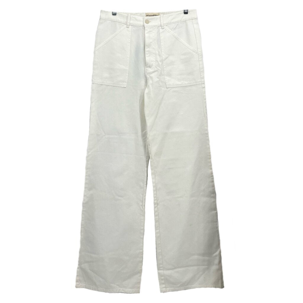 White wide-leg pants with two front pockets, belt loops, and full-length straight legs